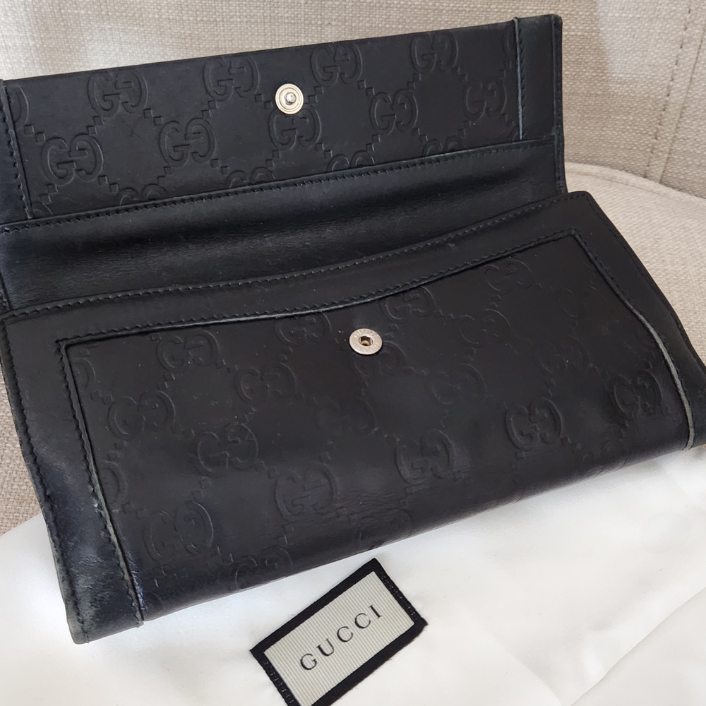 Gucci GG Black Guccissima Long Trifold Snap Wallet W/ Gucci Gold Horsebit Accent - Picture 3 of 16